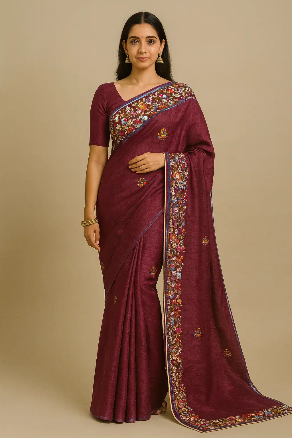 fr Deep Maroon Tussar Parsi Bullian Saree with Multicolor Floral Embroidery