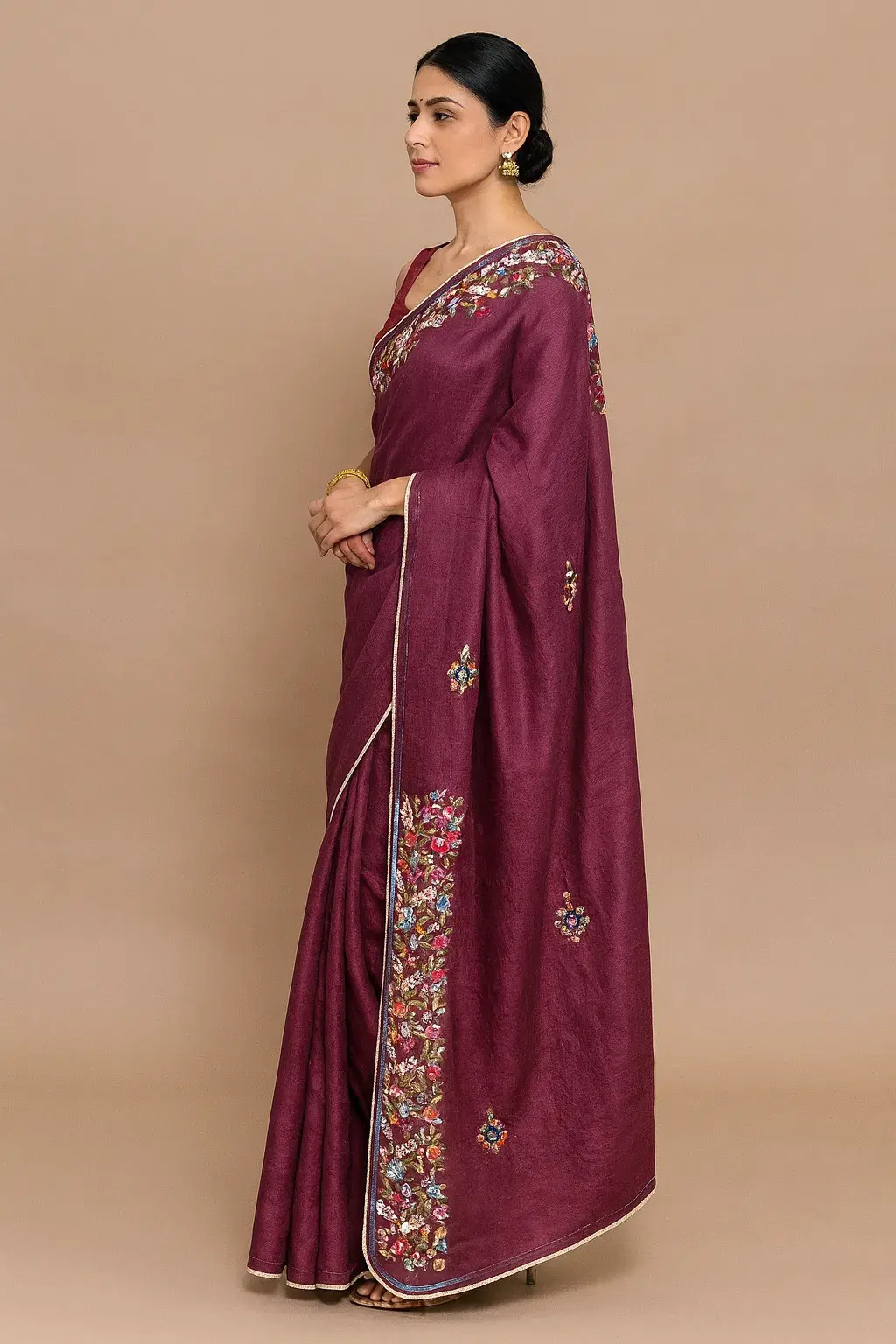 lft Deep Maroon Tussar Parsi Bullian Saree with Multicolor Floral Embroidery