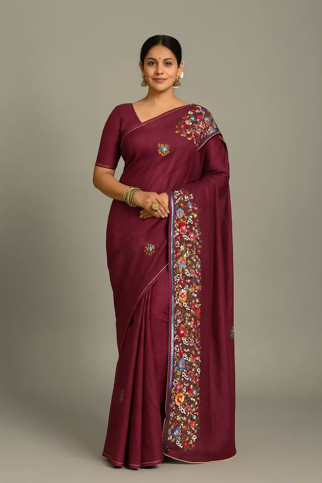 side angl Deep Maroon Tussar Parsi Bullian Saree with Multicolor Floral Embroidery