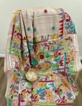 Beige Kanthastitch Saree with Multicolor Floral Border & Delicate Buti Work