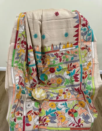 Beige Kanthastitch Saree with Multicolor Floral Border & Delicate Buti Work