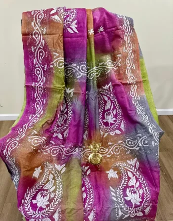 Multicolor Dyed Kanthastitch Saree with white design in Pallu and border