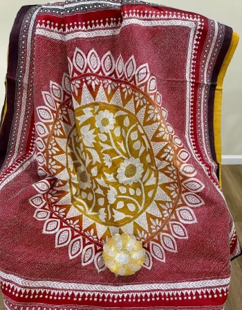 Yellow Kanthastitch Saree with Bold Red and Brown Pallu and white Floral design