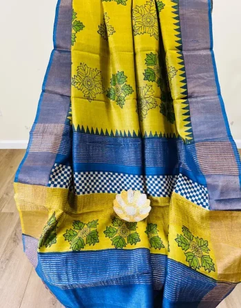 Pista Green and blue Tussar Block print Saree with Maple leaf Motifs