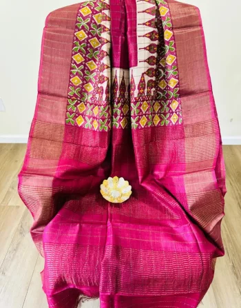 Rani Pink Tussar Block print Saree with pochampally designed motifs