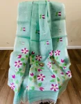 Pista Green Muslin Saree with White & Magenta Floral Jamdani