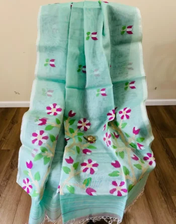 Pista Green Muslin Saree with White & Magenta Floral Jamdani
