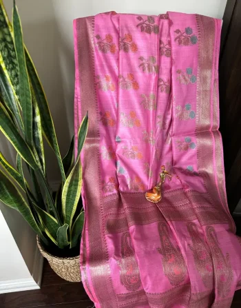Baluchari Saree in Bright Pink with Temple Motif Pallu & Floral Buta