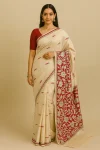 Handcrafted Kanthastitch Saree in Red and Beige with Floral and Mandala Pattern